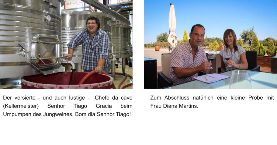 Zum Abschluss natrlich eine kleine Probe mit Frau Diana Martins. Der versierte - und auch lustige -  Chefe da cave (Kellermeister) Senhor Tiago Gracia beim Umpumpen des Jungweines. Bom dia Senhor Tiago!